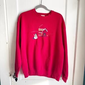 VTG Red Lee Heavyweight Crewneck Sweatshirt Winter Embroidered Scene Snowman L